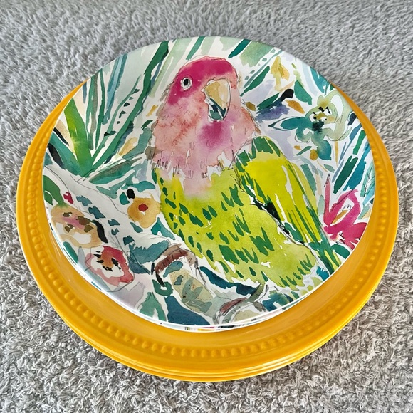 Pier 1 Other - Pier 1 Imports Melamine Yellow Beaded Dinner Plates & Tropical Bird Salad Plates